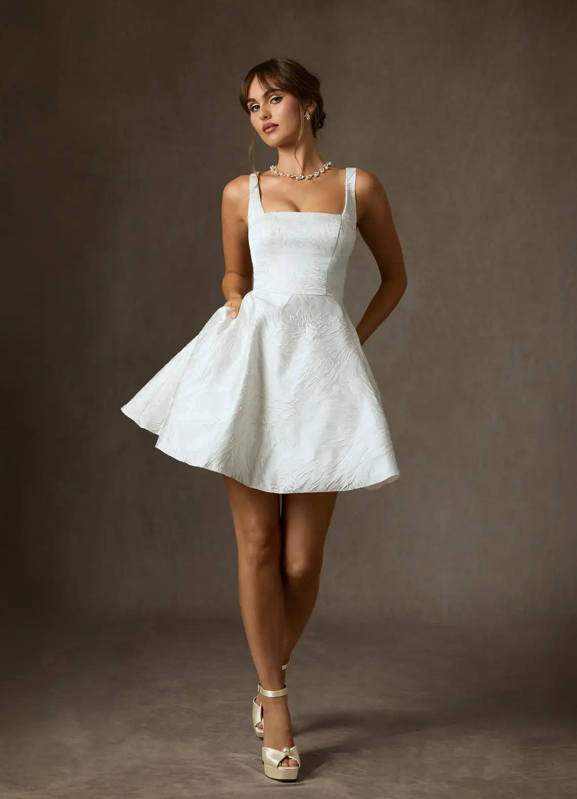 Fit-and-flare Mini Silhouette Square Neck Jacquard Fit-and-Flare Short Wedding Dress with Corset Back