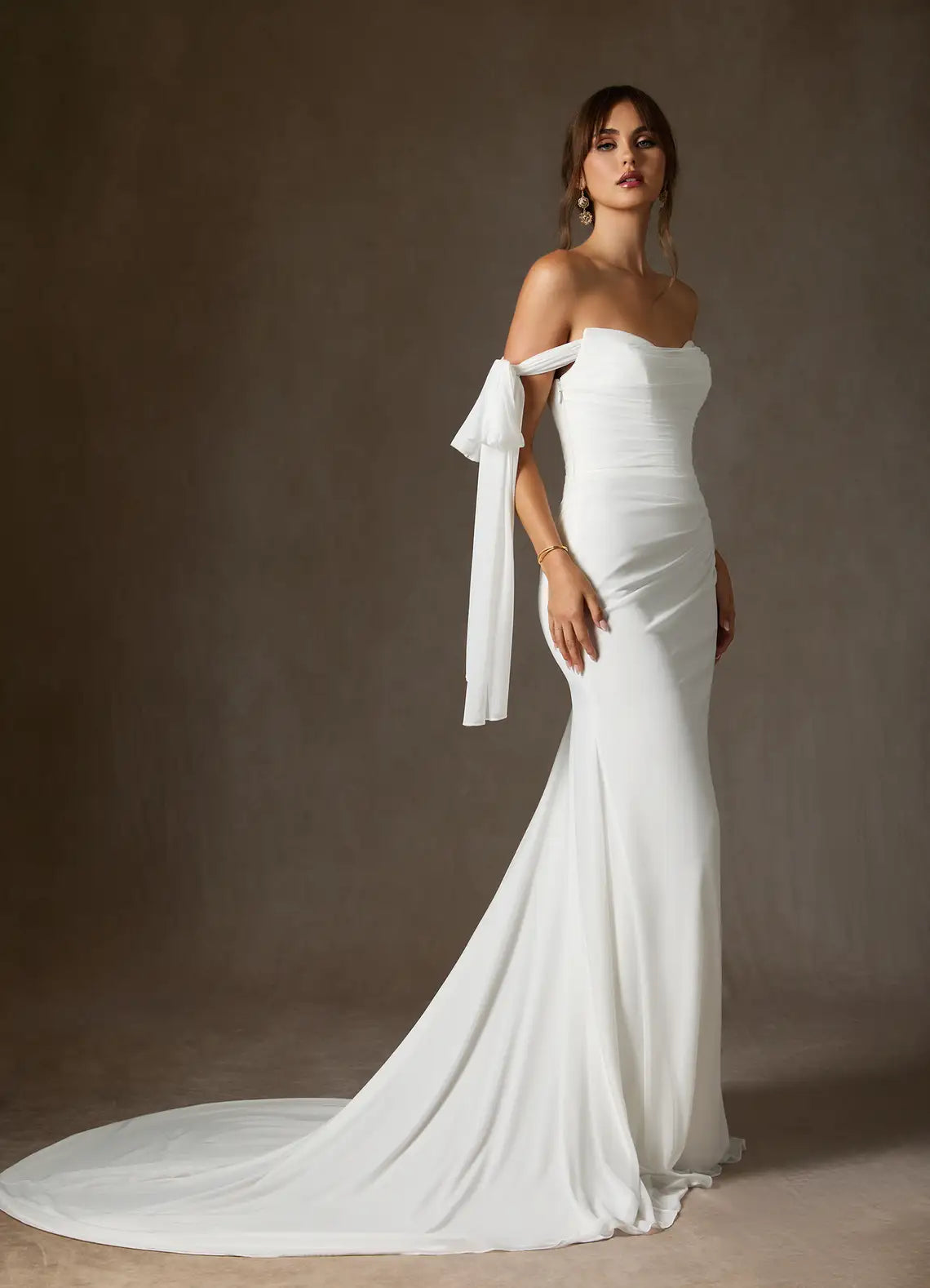 Fitted Mermaid Silhouette With Train Strapless Chiffon Mermaid Wedding Dress with Off-the-Shoulder Ties