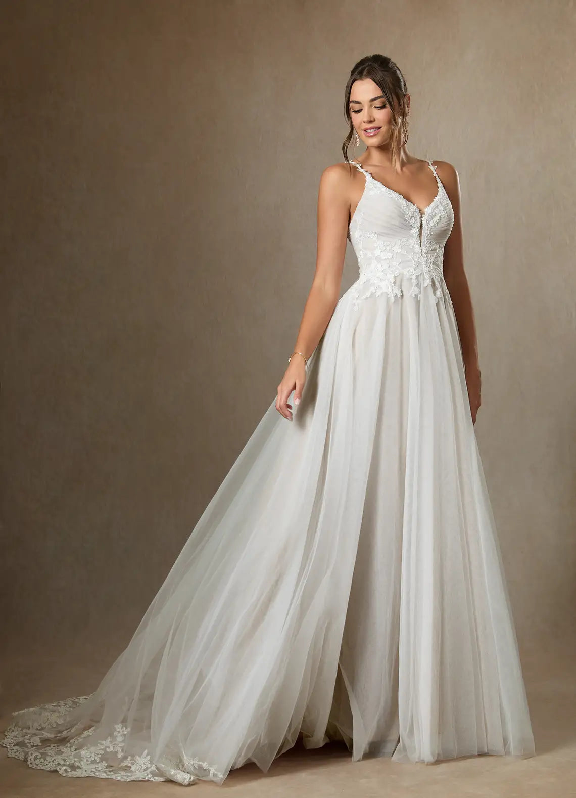 Fitted bodice with subtle ruching Floral Lace Tulle A-Line Wedding Dress with Keyhole Back