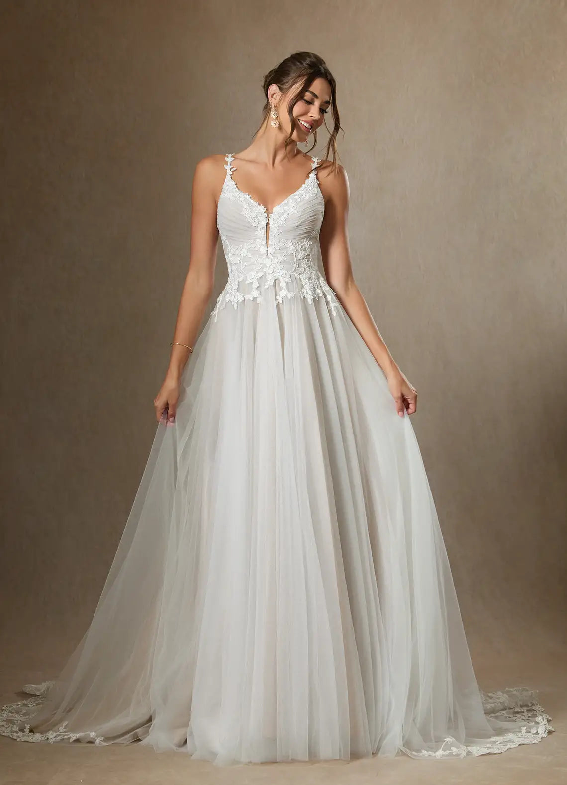 Fitted bodice with subtle ruching Floral Lace Tulle A-Line Wedding Dress with Keyhole Back