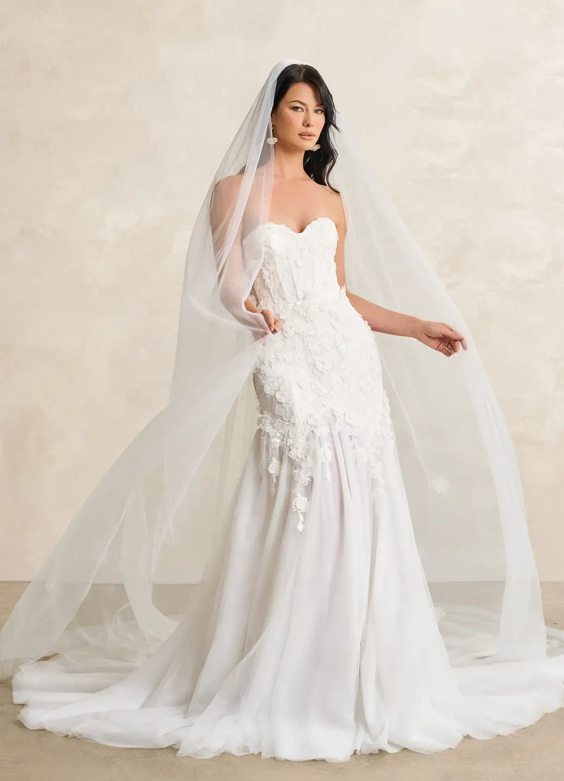 Fitted corset bodice with lace appliques Strapless Floral Lace Mermaid Wedding Dress with Sheer Tulle Train