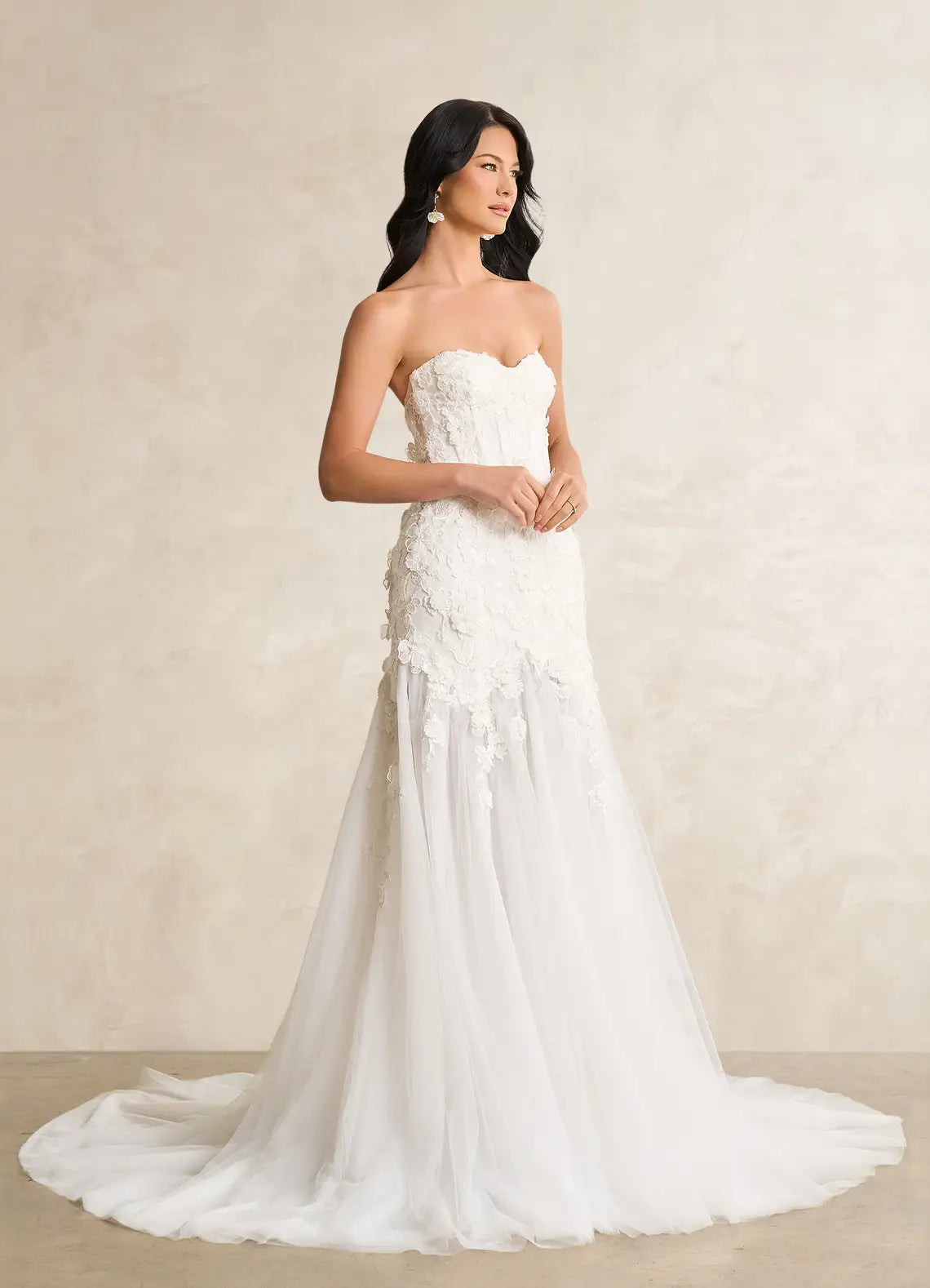 Fitted corset bodice with lace appliques Strapless Floral Lace Mermaid Wedding Dress with Sheer Tulle Train
