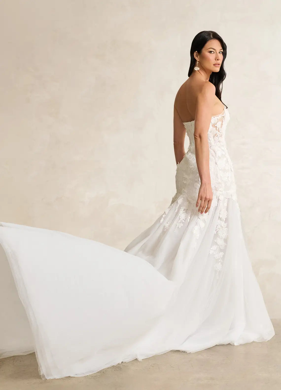 Fitted corset bodice with lace appliques Strapless Floral Lace Mermaid Wedding Dress with Sheer Tulle Train