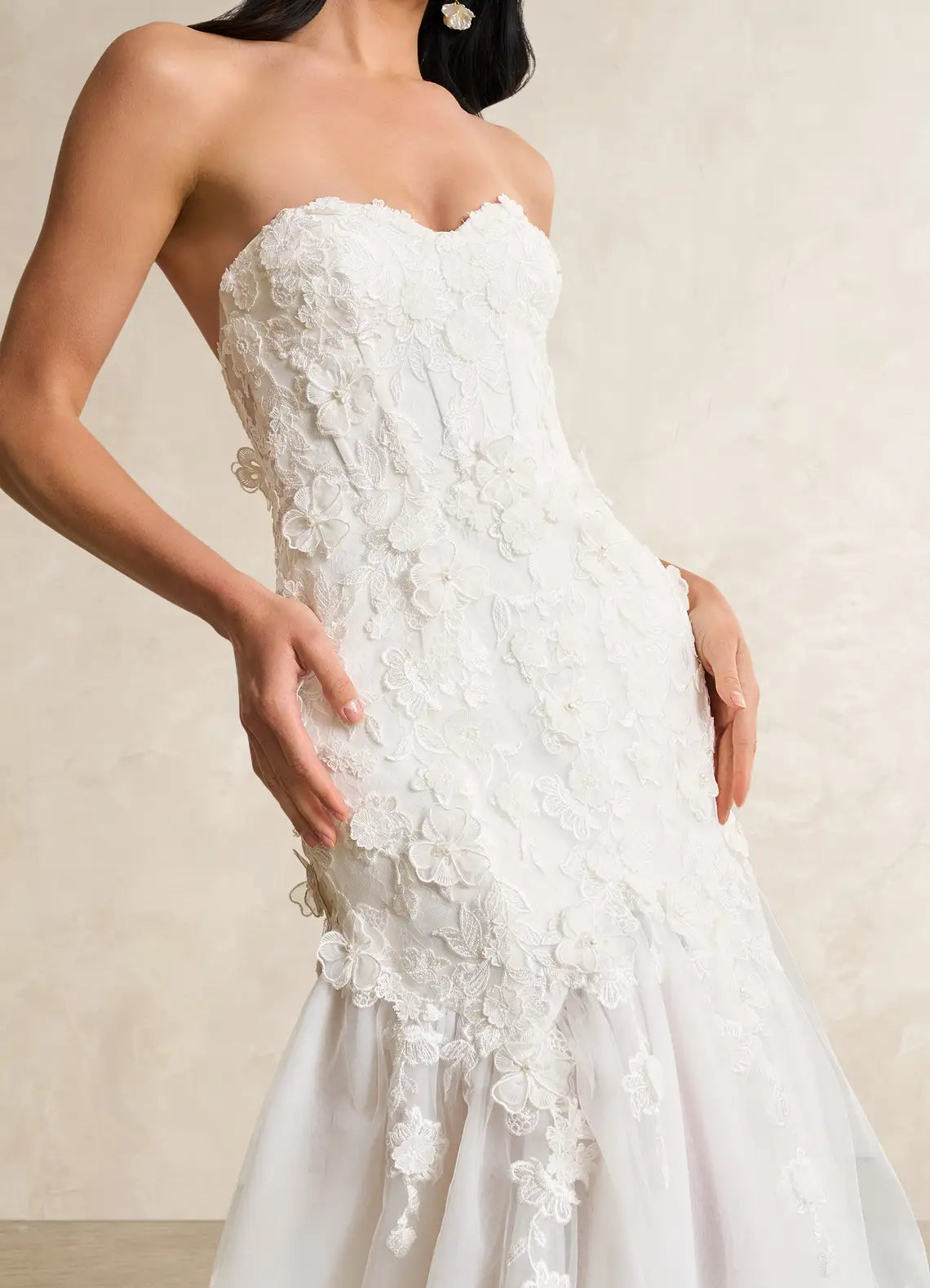 Fitted corset bodice with lace appliques Strapless Floral Lace Mermaid Wedding Dress with Sheer Tulle Train