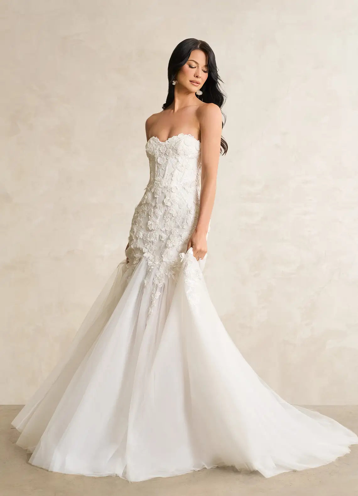 Fitted corset bodice with lace appliques Strapless Floral Lace Mermaid Wedding Dress with Sheer Tulle Train