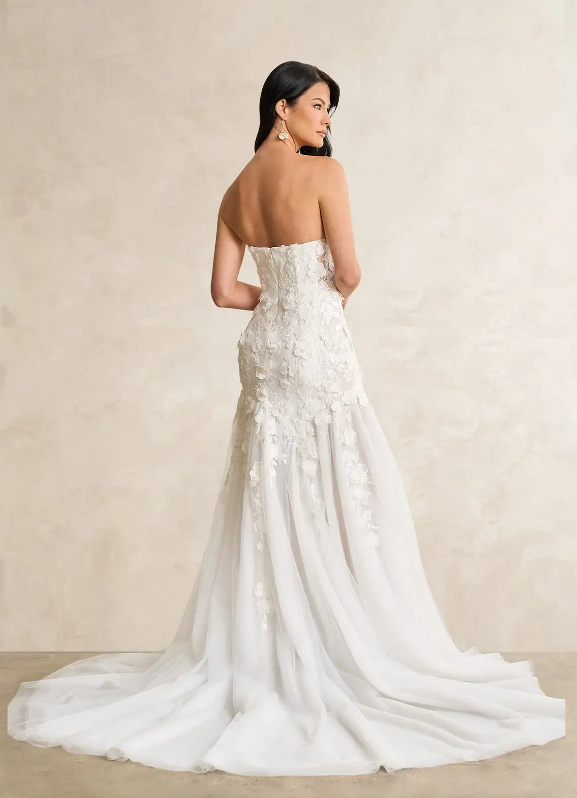 Fitted corset bodice with lace appliques Strapless Floral Lace Mermaid Wedding Dress with Sheer Tulle Train