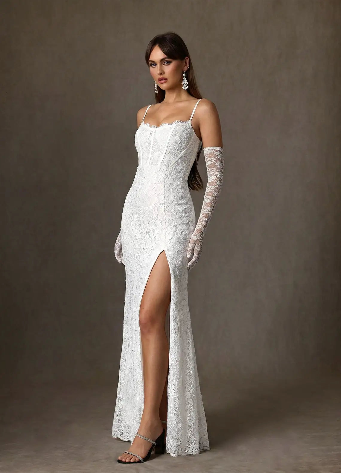 Fitted mermaid silhouette with high front slit Spaghetti Strap Lace Mermaid Wedding Dress with Detachable Gloves