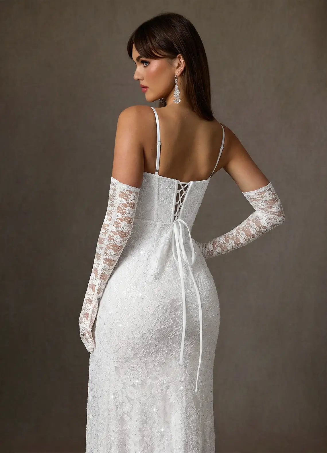 Fitted mermaid silhouette with high front slit Spaghetti Strap Lace Mermaid Wedding Dress with Detachable Gloves