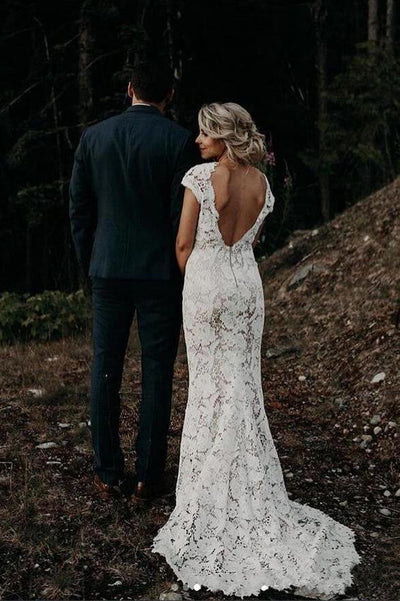 Fitted mermaid silhouette with subtle train Cap Sleeve Lace Mermaid Wedding Dress with Plunge Back