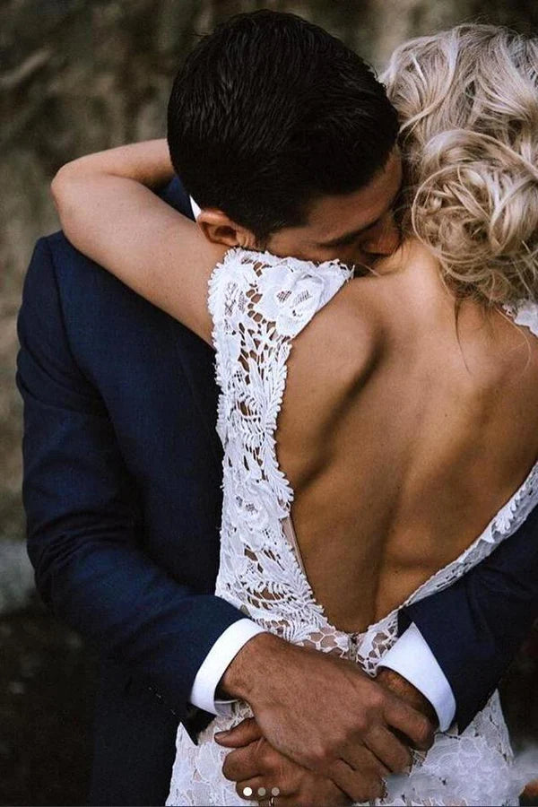 Fitted mermaid silhouette with subtle train Cap Sleeve Lace Mermaid Wedding Dress with Plunge Back