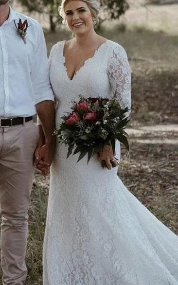 Fitted mermaid silhouette with subtle train Plus Size Lace Mermaid Wedding Dress with 3/4 Sleeves
