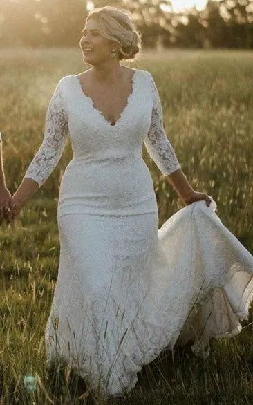 Fitted mermaid silhouette with subtle train Plus Size Lace Mermaid Wedding Dress with 3/4 Sleeves