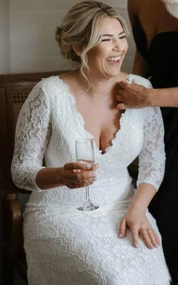 Fitted mermaid silhouette with subtle train Plus Size Lace Mermaid Wedding Dress with 3/4 Sleeves