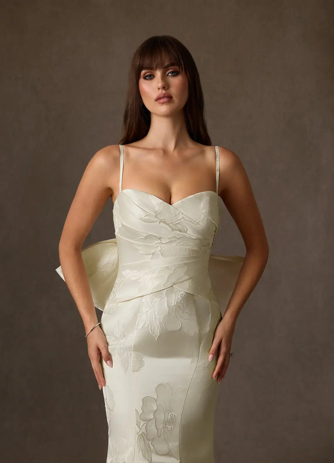 Fitted mermaid silhouette with train Floral Jacquard Mermaid Wedding Dress with Oversized Bow Back