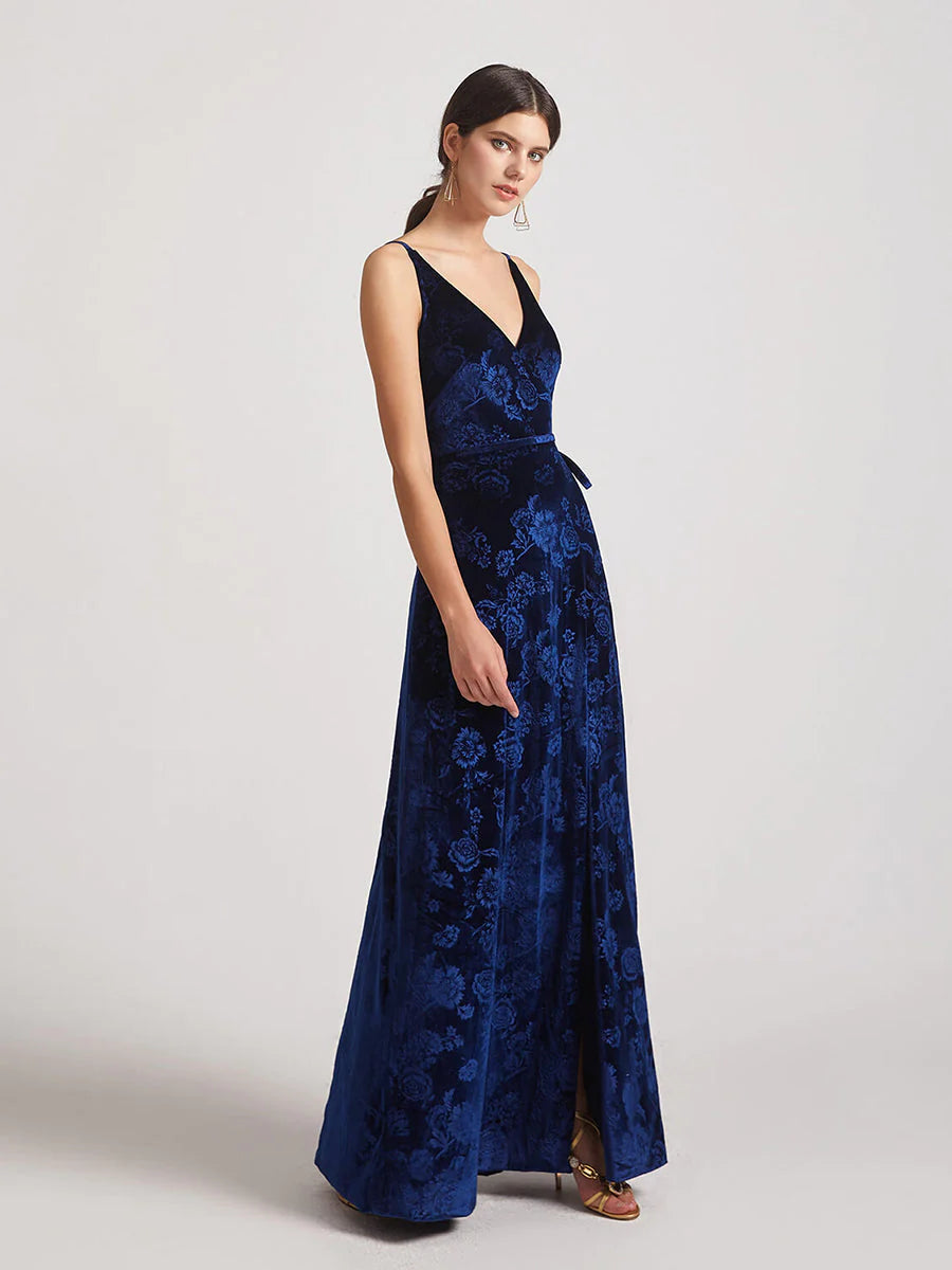 Floral Pattern V Neck Velvet Bridesmaid Dresses With Sash