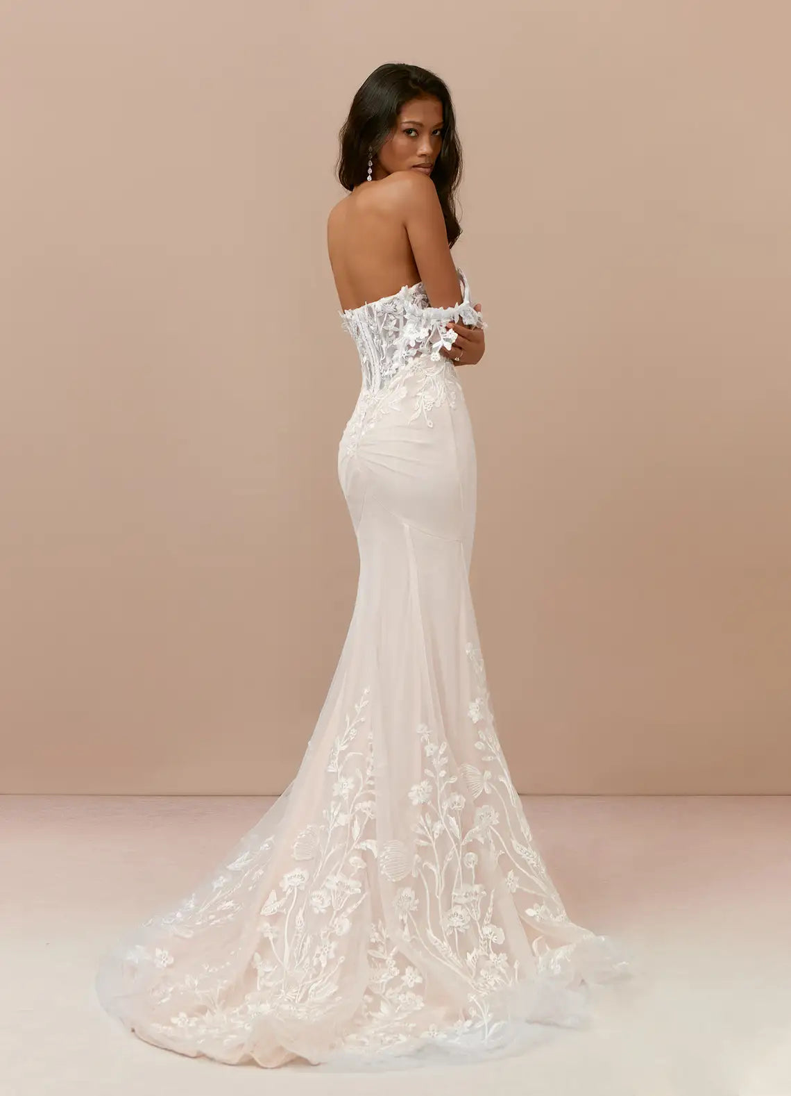 Floral Lace Mermaid Wedding Dress with Sheer Corset Bodice and Off-the-Shoulder Sleeves