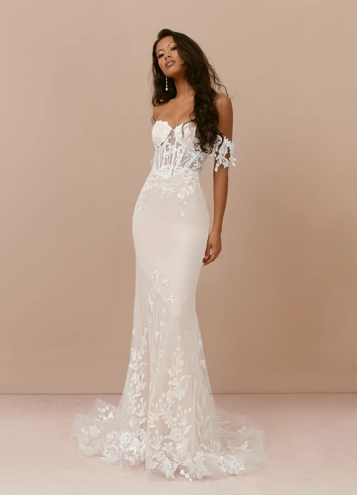 Floral Lace Mermaid Wedding Dress with Sheer Corset Bodice and Off-the-Shoulder Sleeves