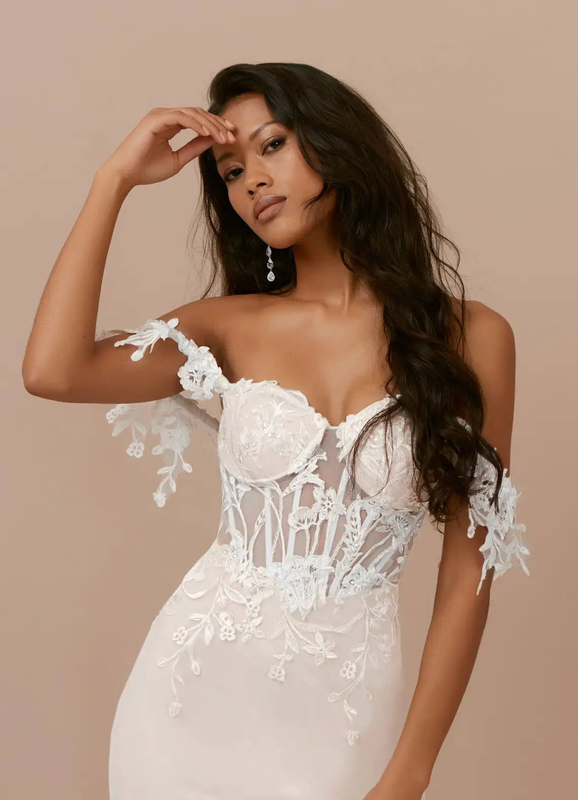 Floral Lace Mermaid Wedding Dress with Sheer Corset Bodice and Off-the-Shoulder Sleeves