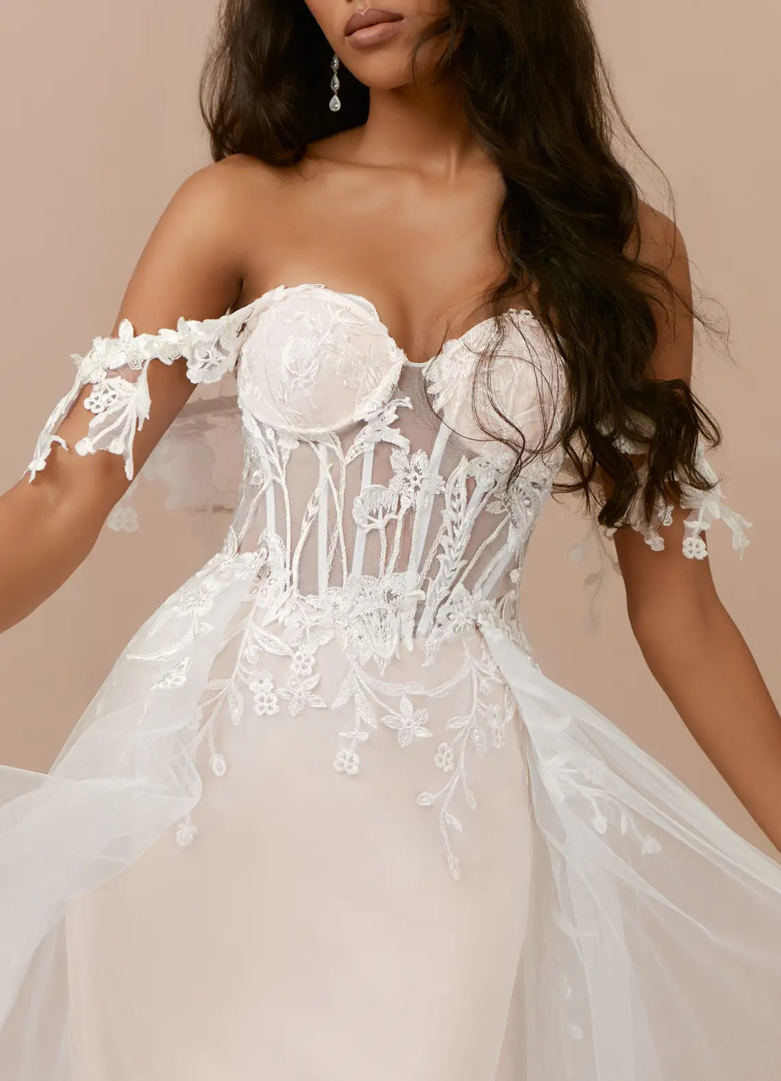 Floral Lace Mermaid Wedding Dress with Sheer Corset Bodice and Off-the-Shoulder Sleeves
