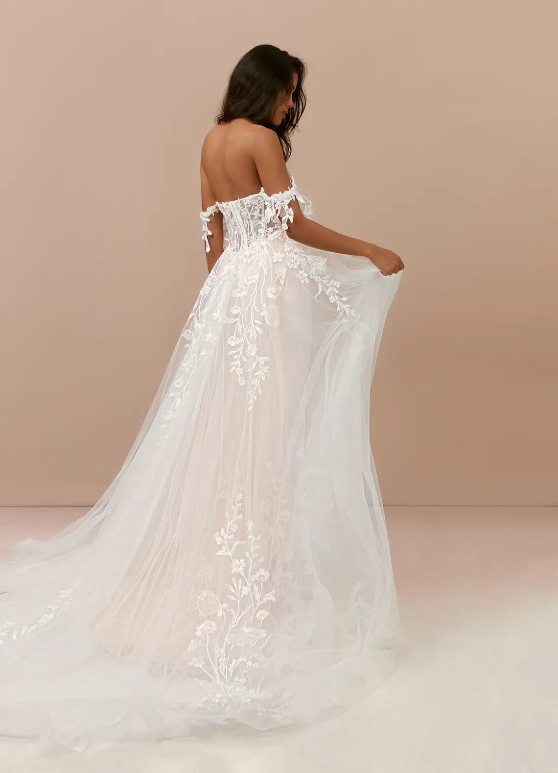 Floral Lace Mermaid Wedding Dress with Sheer Corset Bodice and Off-the-Shoulder Sleeves