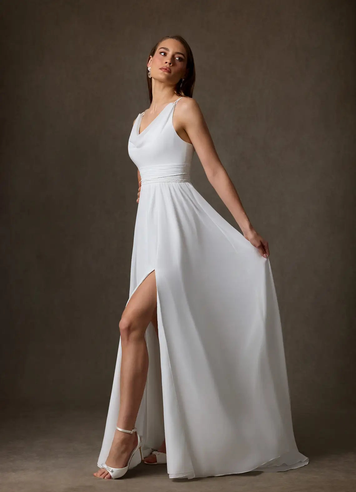 Flowing A-line skirt with high front slit Draped Cowl Neck Chiffon Wedding Dress with Lace-Up Back & Slit