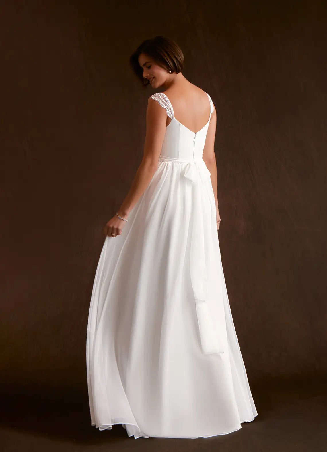 Flowing A-line skirt with high front slit Lace Strap Chiffon A-Line Wedding Dress with Bow Back & Slit
