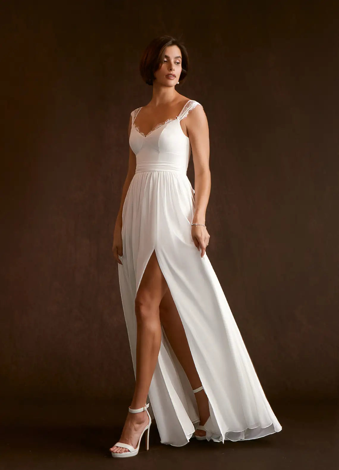 Flowing A-line skirt with high front slit Lace Strap Chiffon A-Line Wedding Dress with Bow Back & Slit