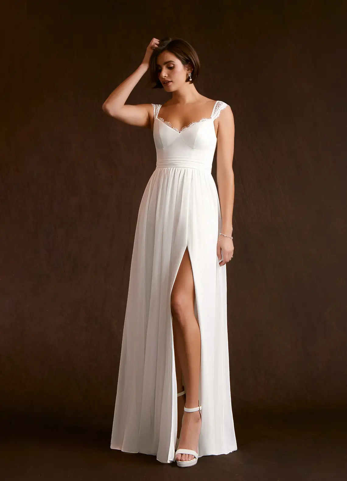 Flowing A-line skirt with high front slit Lace Strap Chiffon A-Line Wedding Dress with Bow Back & Slit