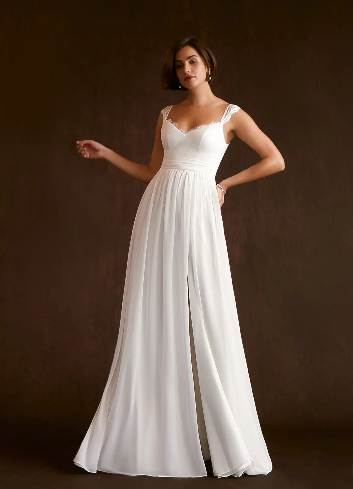 Flowing A-line skirt with high front slit Lace Strap Chiffon A-Line Wedding Dress with Bow Back & Slit