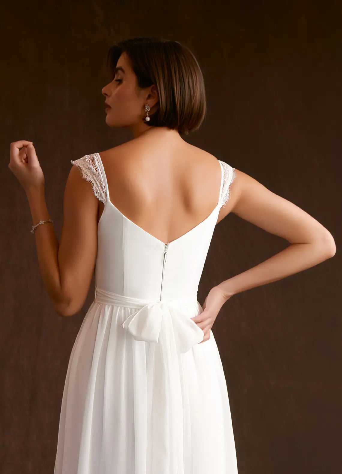 Flowing A-line skirt with high front slit Lace Strap Chiffon A-Line Wedding Dress with Bow Back & Slit
