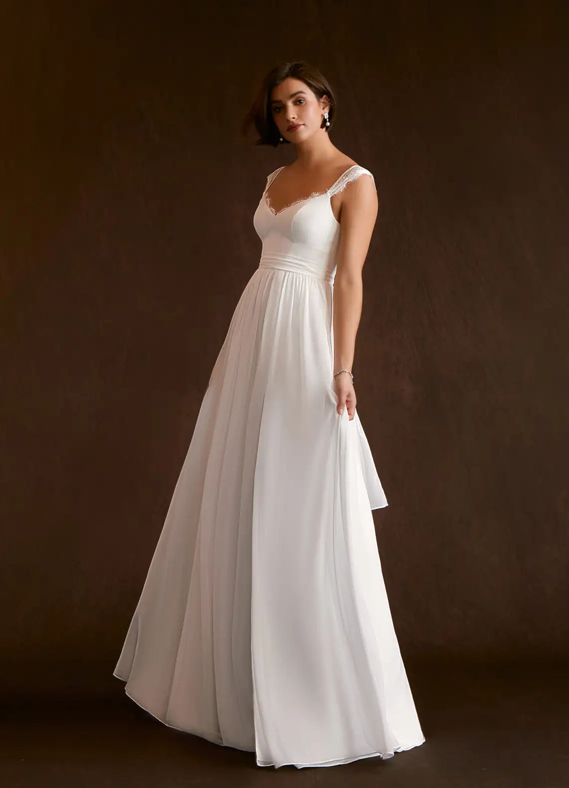 Flowing A-line skirt with high front slit Lace Strap Chiffon A-Line Wedding Dress with Bow Back & Slit