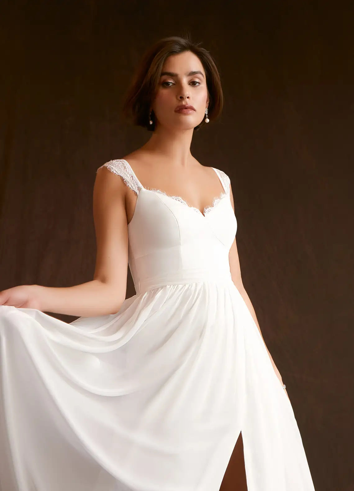 Flowing A-line skirt with high front slit Lace Strap Chiffon A-Line Wedding Dress with Bow Back & Slit