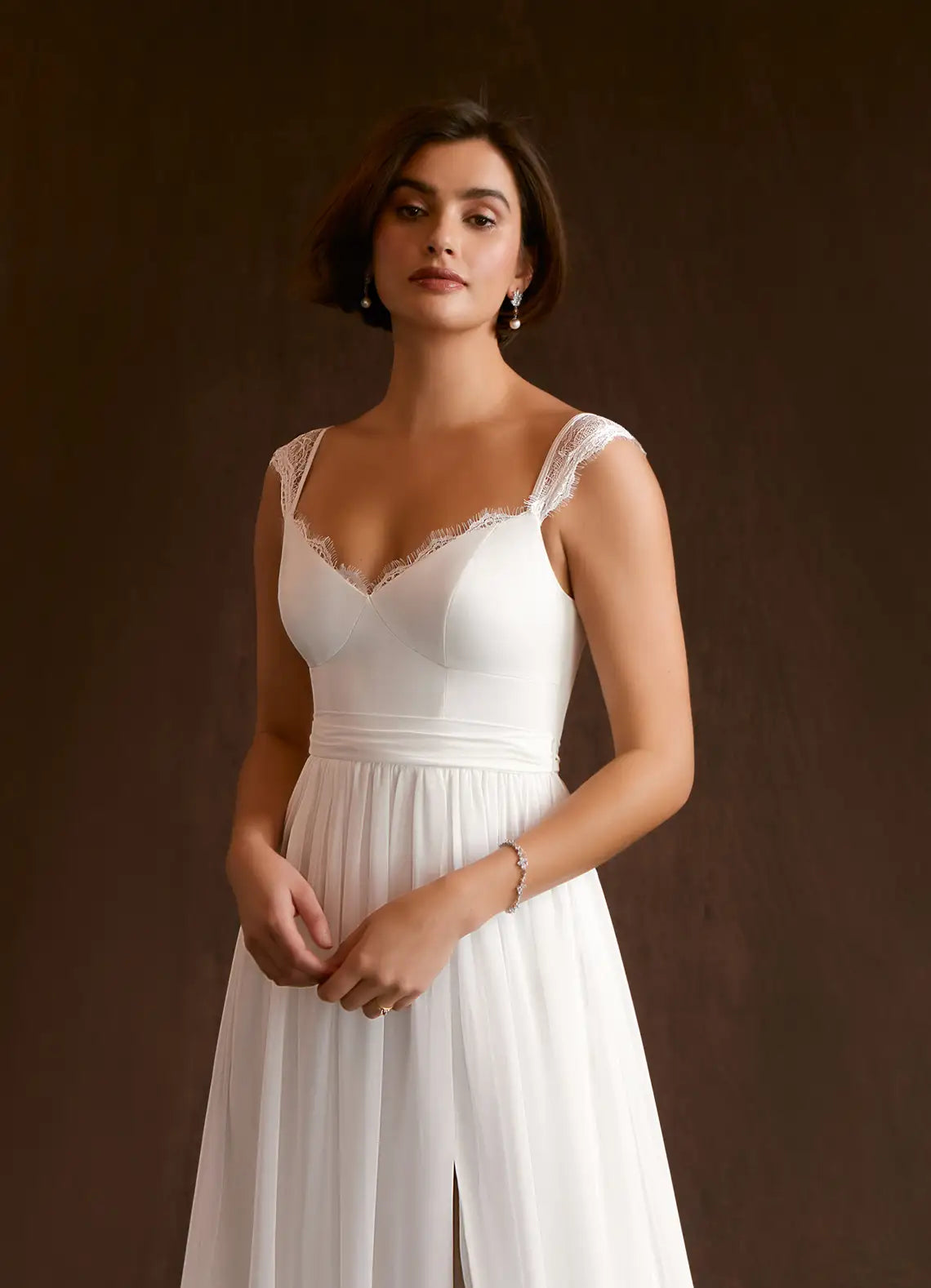 Flowing A-line skirt with high front slit Lace Strap Chiffon A-Line Wedding Dress with Bow Back & Slit