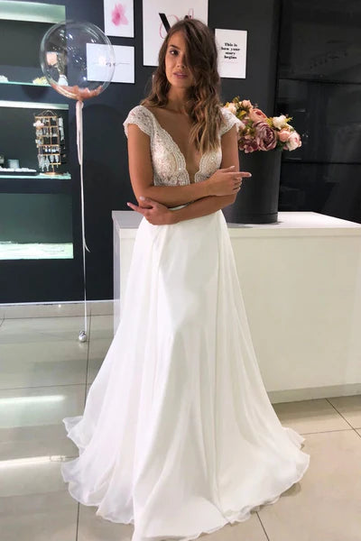 Flowy Beach Short Sleeves Beaded V Neck Chiffon Modest Wedding Dresses