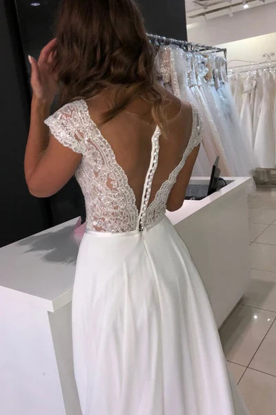 Flowy Beach Short Sleeves Beaded V Neck Chiffon Modest Wedding Dresses