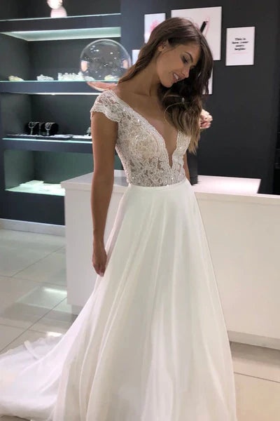 Flowy Beach Short Sleeves Beaded V Neck Chiffon Modest Wedding Dresses