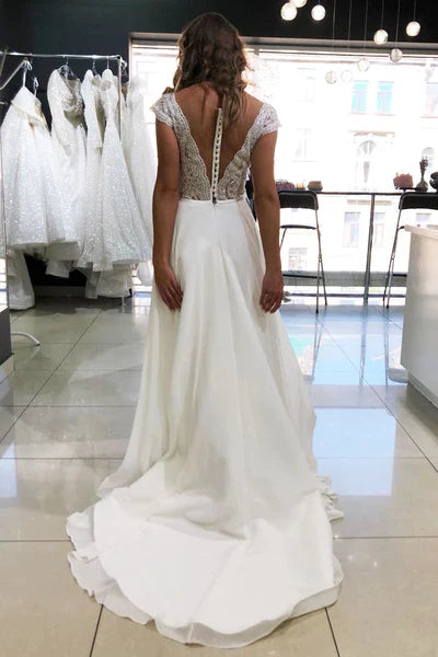 Flowy Beach Short Sleeves Beaded V Neck Chiffon Modest Wedding Dresses