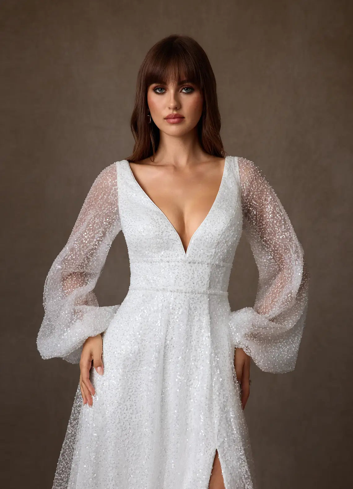 Flowy A-line skirt with front slit and train Sparkly Tulle A-Line Wedding Dress with Puff Sleeves and Slit