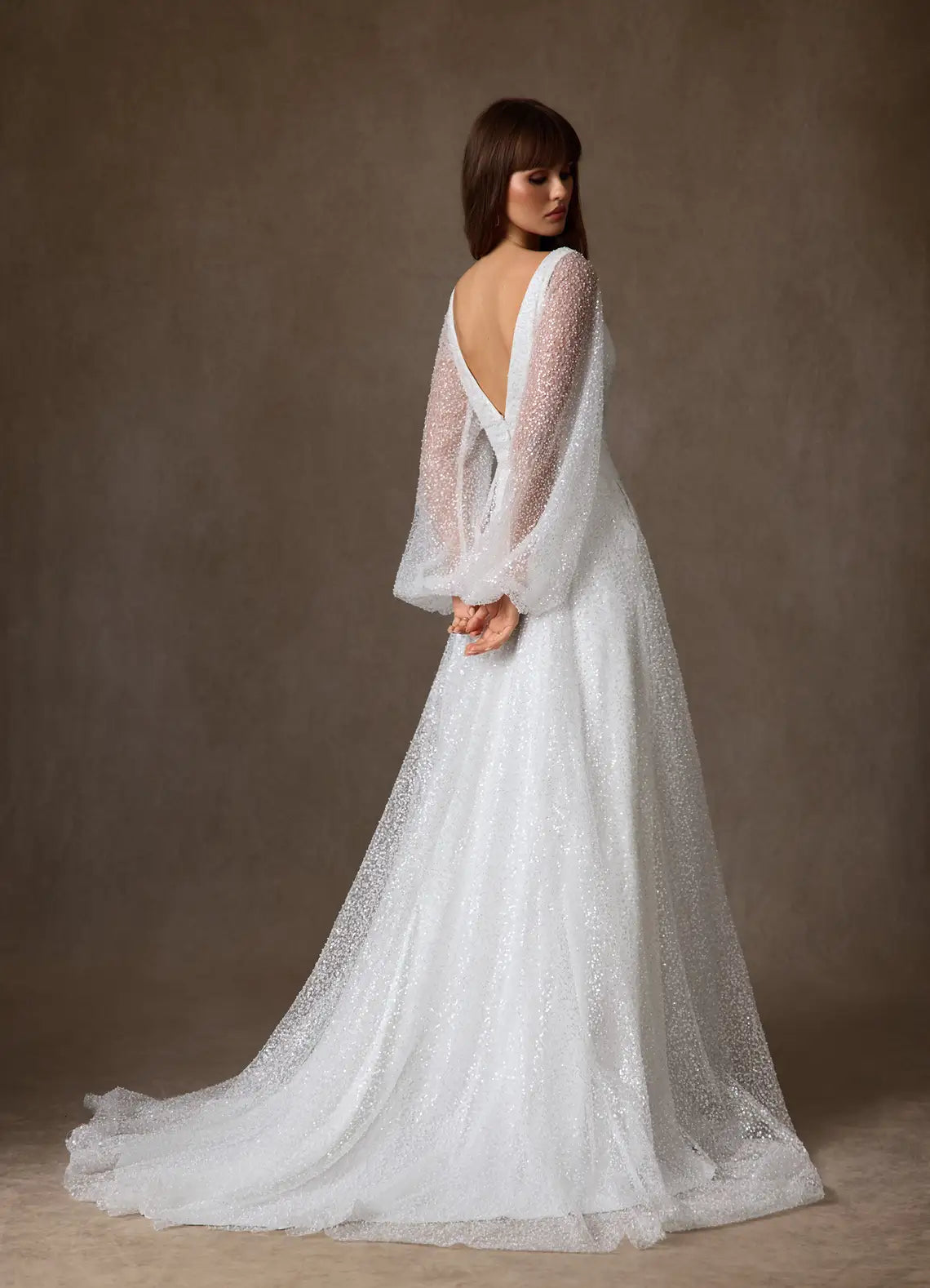 Flowy A-line skirt with front slit and train Sparkly Tulle A-Line Wedding Dress with Puff Sleeves and Slit