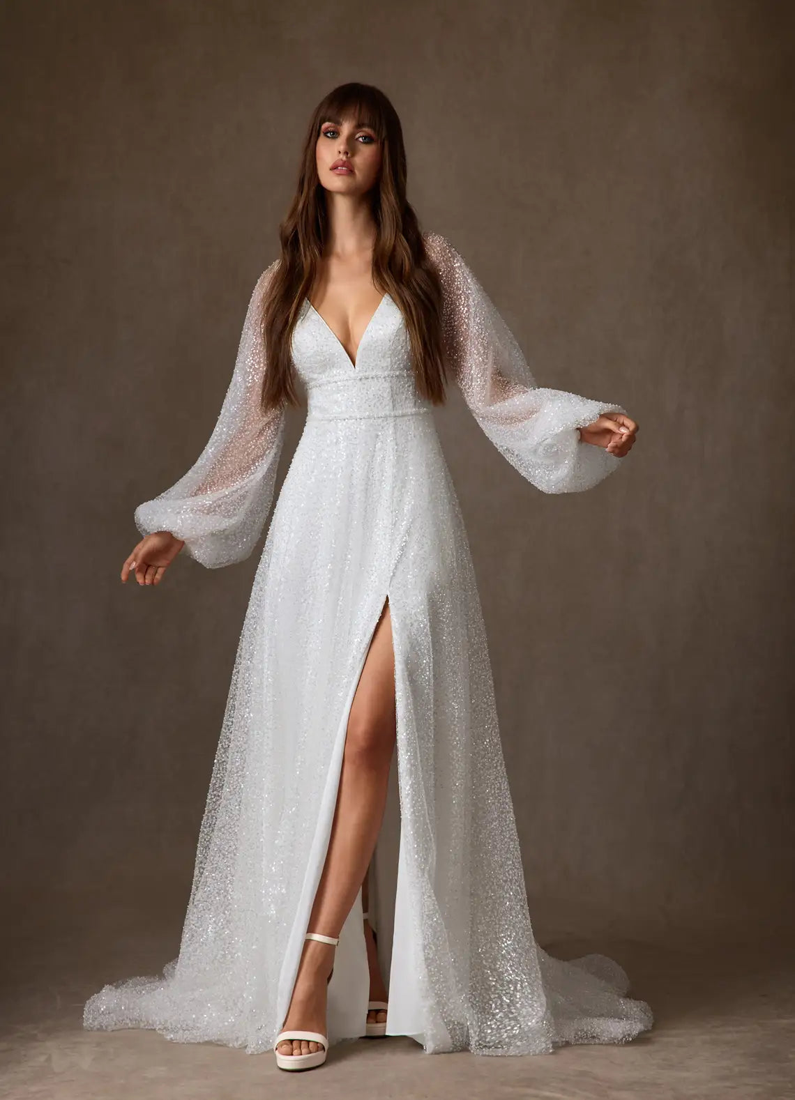 Flowy A-line skirt with front slit and train Sparkly Tulle A-Line Wedding Dress with Puff Sleeves and Slit