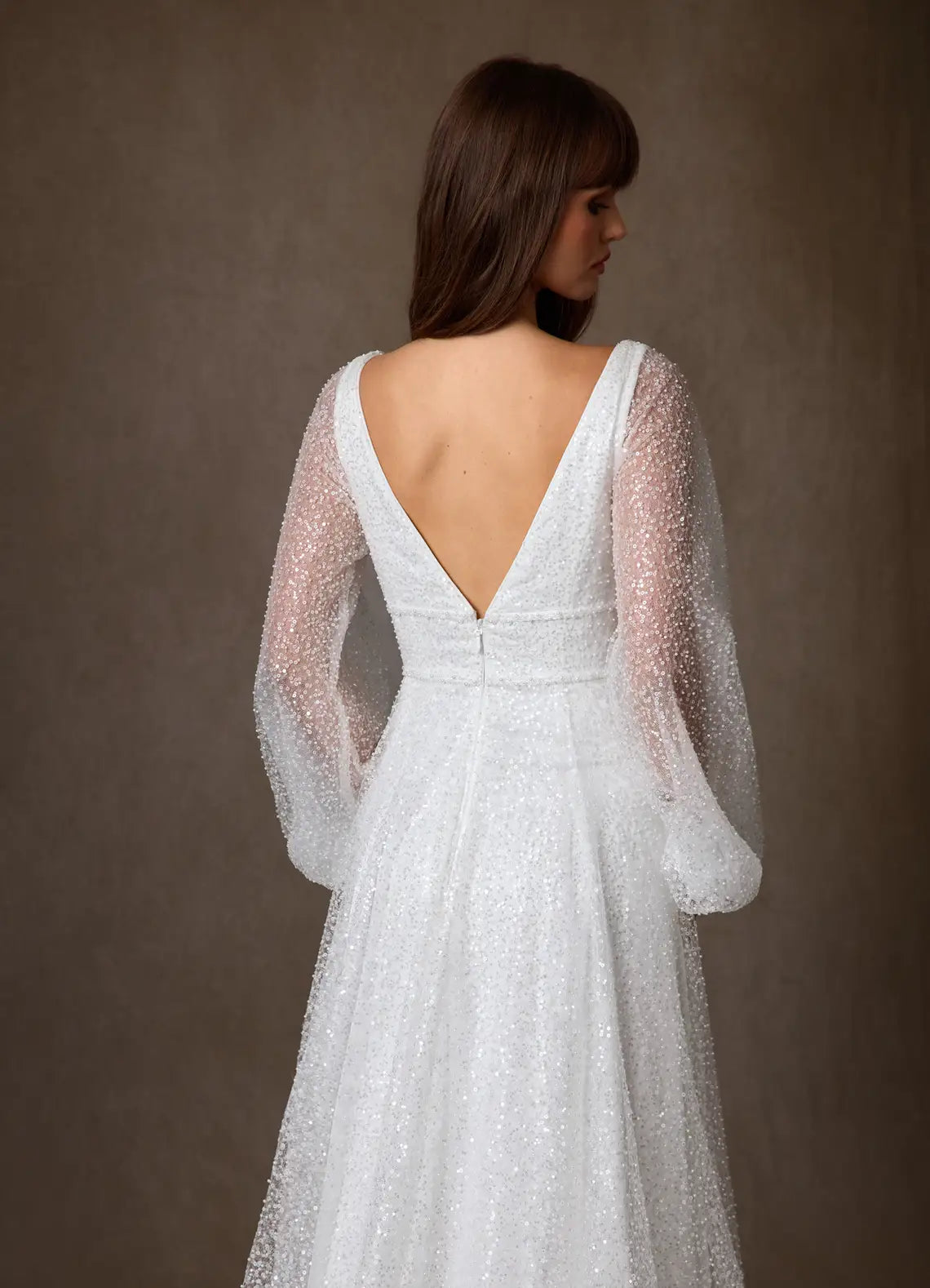 Flowy A-line skirt with front slit and train Sparkly Tulle A-Line Wedding Dress with Puff Sleeves and Slit