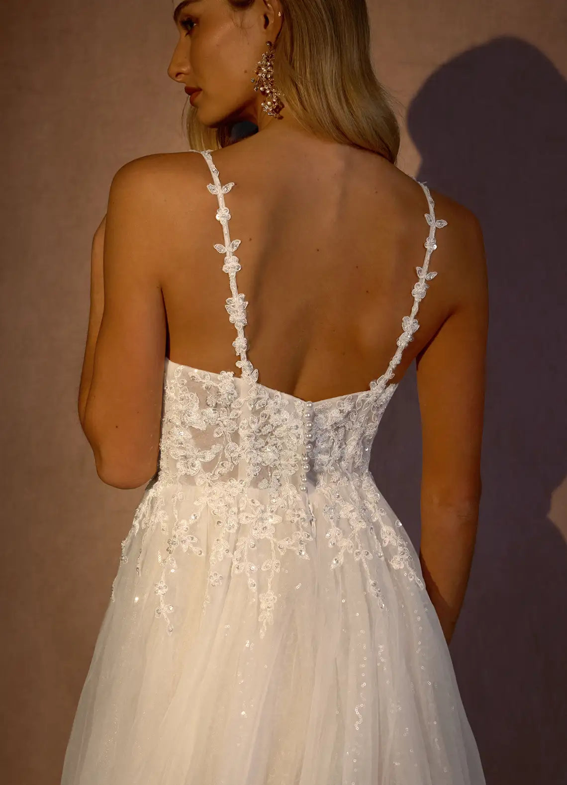 Flowy A-line skirt with subtle slit and train Floral Lace Sparkly Tulle A-Line Wedding Dress with Slit