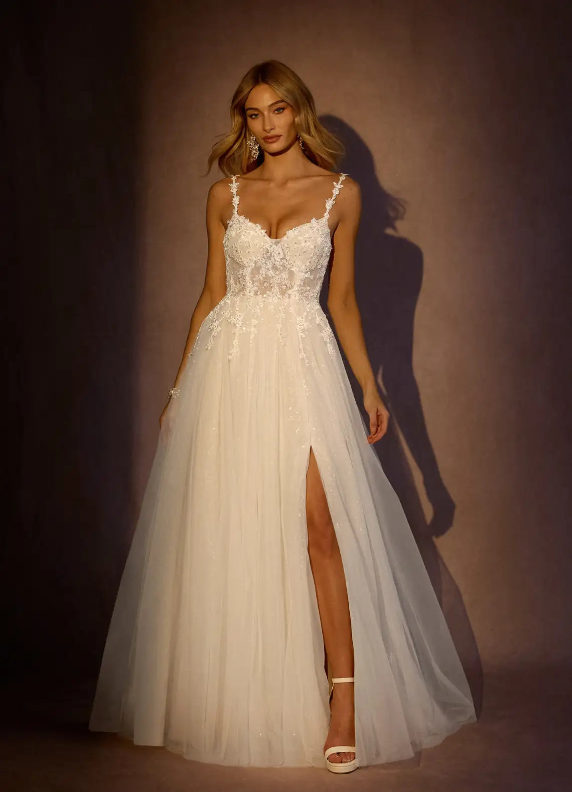 Flowy A-line skirt with subtle slit and train Floral Lace Sparkly Tulle A-Line Wedding Dress with Slit