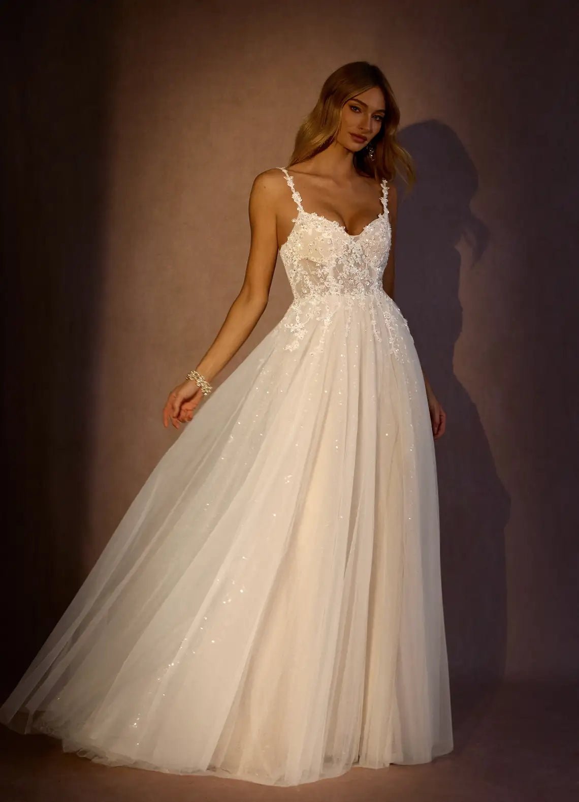 Flowy A-line skirt with subtle slit and train Floral Lace Sparkly Tulle A-Line Wedding Dress with Slit