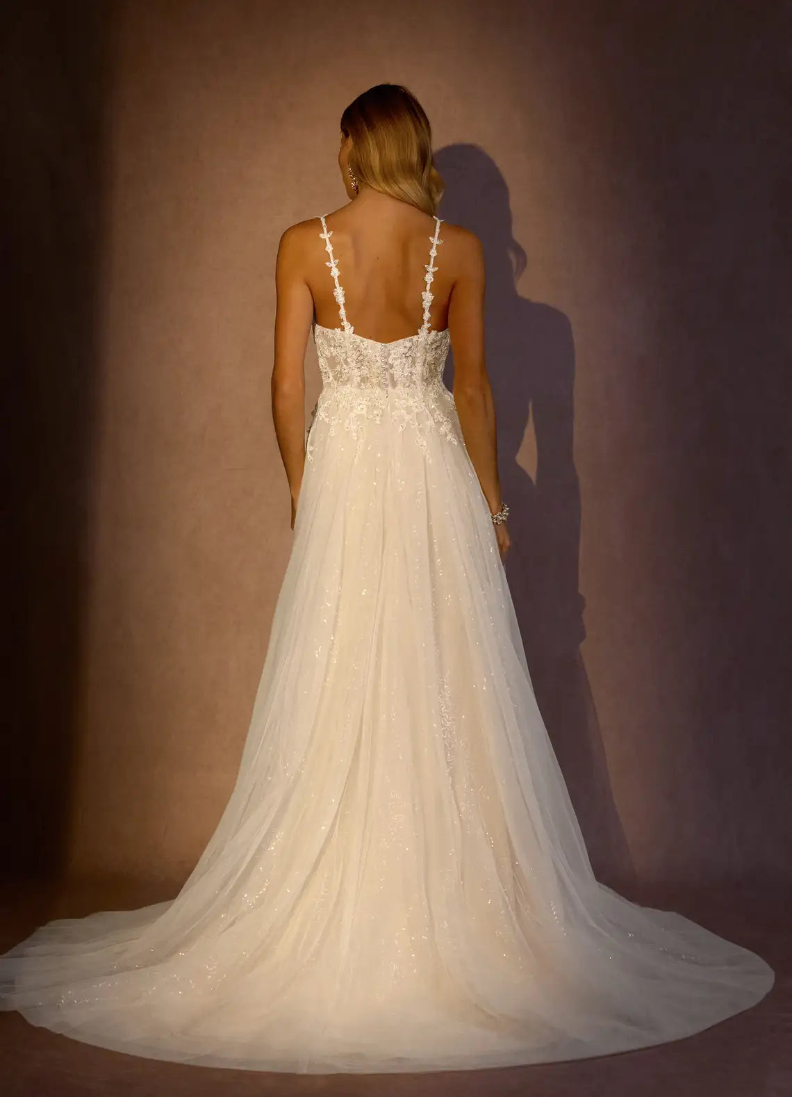Flowy A-line skirt with subtle slit and train Floral Lace Sparkly Tulle A-Line Wedding Dress with Slit
