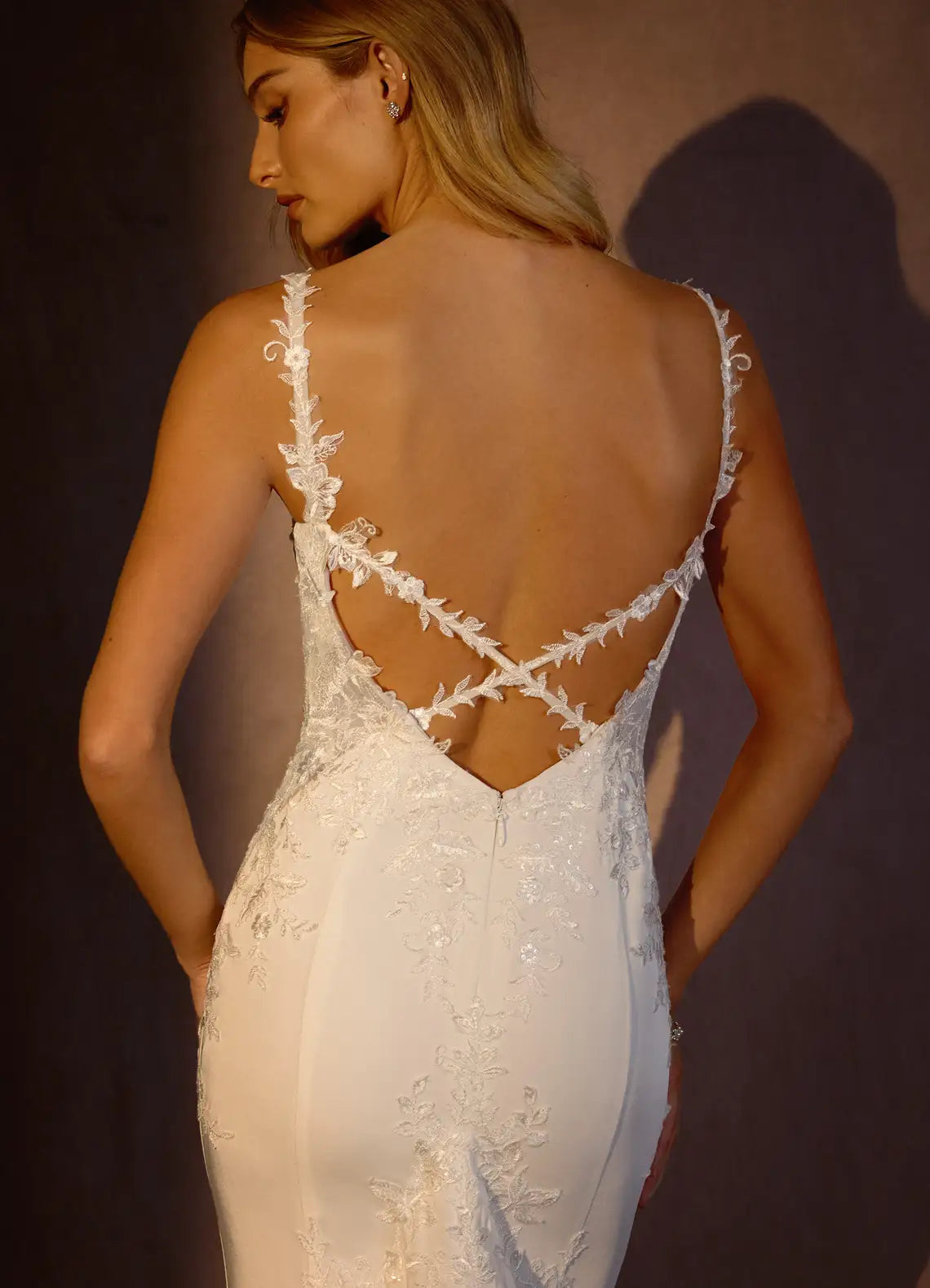 Form-fitting mermaid silhouette with train Floral Lace Crepe Mermaid Wedding Dress with Spaghetti Straps