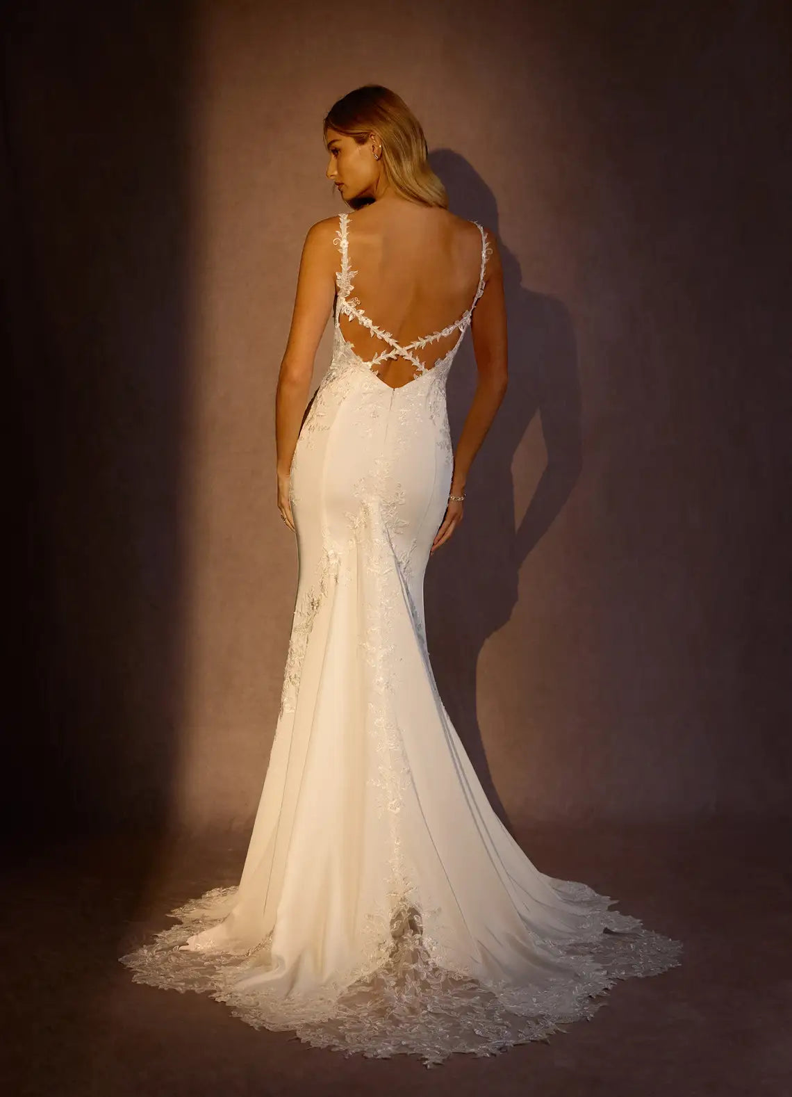 Form-fitting mermaid silhouette with train Floral Lace Crepe Mermaid Wedding Dress with Spaghetti Straps