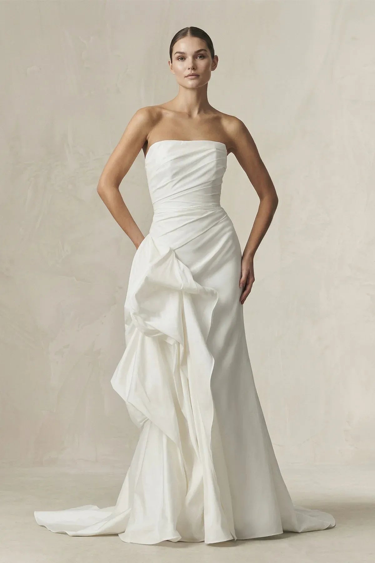 Form-fitting mermaid silhouette Elegant Gorgeous Strapless Satin Mermaid Wedding Dress with Dramatic Overskirt