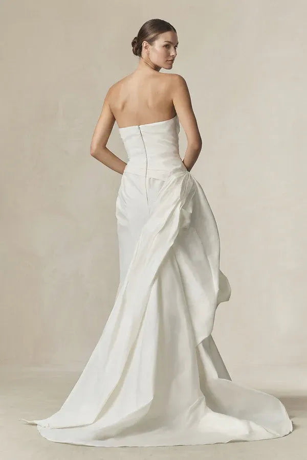 Form-fitting mermaid silhouette Elegant Gorgeous Strapless Satin Mermaid Wedding Dress with Dramatic Overskirt