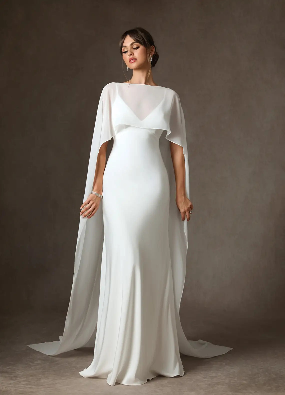 Form-fitting mermaid silhouette Whimsical, Romantic Aesthetic Minimalist Chiffon Mermaid Wedding Dress with Capelet